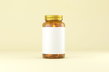 Fish oil capsule in Amber glass bottle with golden metal cap mockup 3d rendering