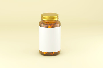 Fish oil capsule in a jar bottle with golden metal cap mockup 3d rendering