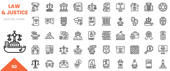 A collection of outline icons depicting law and justice themes, featuring scales, gavel, and documents.