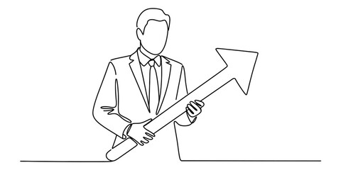 Continuous line drawing of a businessman holding an upward arrow, symbolizing business growth, financial success, and positive market trends. Vector, illustration