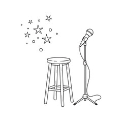 Simple line art drawing of a stage with a microphone and stool. Hand-drawn vector illustration for music performance, stand-up comedy, or open mic night concept.
