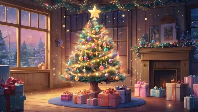 Cute animestyle Christmas tree decorated