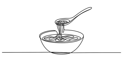 Continuous line drawing of a spoon pouring thick liquid, resembling honey or syrup, into a simple bowl, minimalist single line art style Vector, illustration