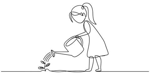 Little girl watering a small seedling growing from the ground, continuous line drawing, isolated on white continuous one line art of vector illustration