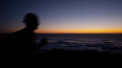 marathon. Runner's silhouette against ocean horizon at dawn, motion blur enhancing dynamic energy. event key visuals, club posters, designed for fitness apps and gym onboarding, boosts motivation.