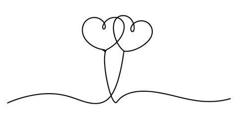 Minimalist single continuous line art illustration of two interconnected hearts, symbolizing love, romance, unity, connection, and eternal bond on white. Vector, illustration