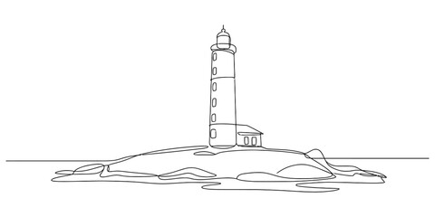 Continuous line drawing of a lighthouse on a small island, symbolizing guidance, safety, and coastal navigation for maritime travel. Vector, illustration