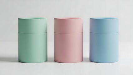 Three Cylindrical Containers in Pastel Colors on White Background.