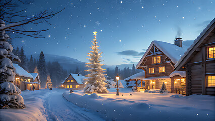 Cozy winter village scene at twilight with snowcovered wooden cabins, a brightly lit christmas tree, and falling snow under a starry blue sky