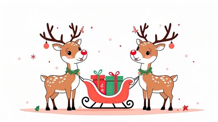 Naklejka premium Cute Christmas Reindeer with Gift Cartoon Illustration