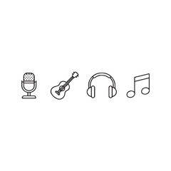 Minimalist music icon set with microphone, guitar, headphones, and notes. Simple black and white line art illustration.

