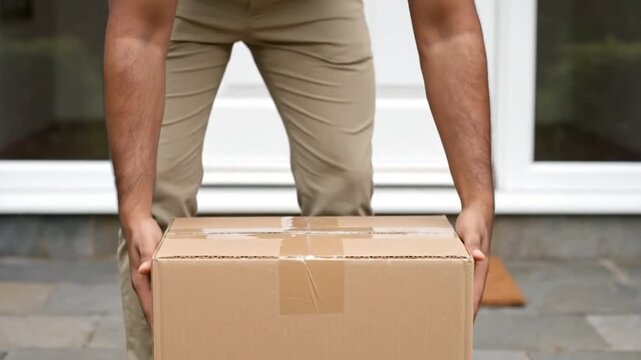 hands of a courier holding a box in front of a house door