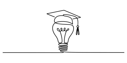Minimalist single line art drawing featuring a lightbulb adorned with a graduation cap, symbolizing the power of educated ideas and a successful learning journey. Vector, illustration