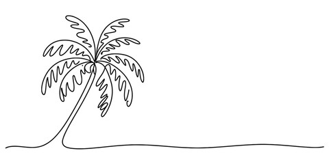 Continuous line drawing of a swaying palm tree, minimalist single stroke design evoking tropical vacations and beach holidays, simple sketch art Vector, illustration