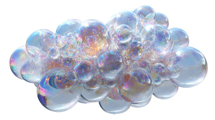 Cluster of shiny soap bubbles reflecting iridescent rainbow colors, forming a light, foamy texture. Transparent background