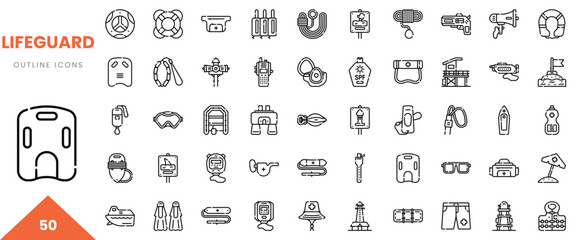 A collection of 50 lifeguard-themed outline icons representing safety and rescue equipment.