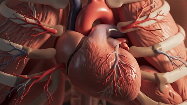 Human heart anatomy, detailed illustration. Heart with blood vessels and ribs. Internal organs, cardiovascular system. Medical concept, 3D rendering. Rib cage and organs, human body. Heart structure,