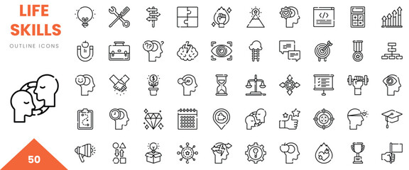 A collection of 50 outline icons representing various life skills and personal development themes.