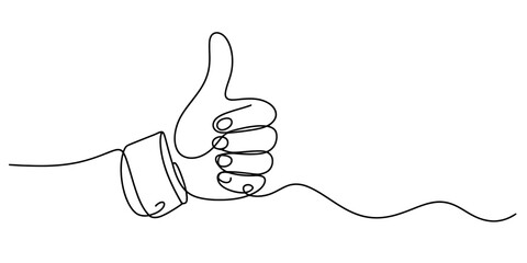 Continuous single line drawing of hand showing thumbs up gesture, representing approval, like, good job, success, and positive feedback. Vector, illustration