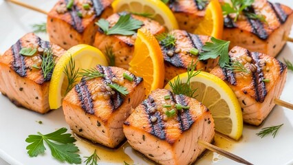 Delicious grilled salmon skewers with fresh citrus and herbs, perfect for healthy summer dining and elegant entertaining, a flavorful seafood delight