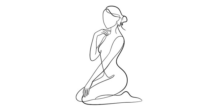 Minimalist line art drawing of a beautiful nude woman kneeling gracefully, hand near neck, isolated on continuous one line art of vector illustration
