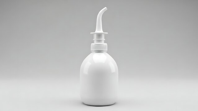 Clean White Nasal Rinse Bottle with Curved Tip on Gray Background.