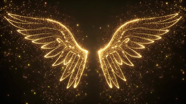 Glowing Golden Angel Wings with Sparkling Particles Animation.