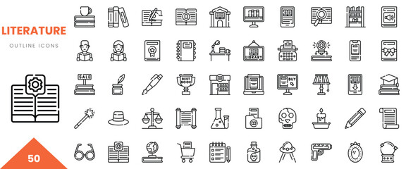 A collection of 50 literature-themed outline icons featuring books, pens, and classrooms.