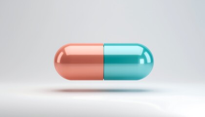 3D floating capsule pill icon with two-tone colors, glossy plastic texture, and subtle shadow, isolated on white. Perfect for medical, pharmacy, and health visuals.