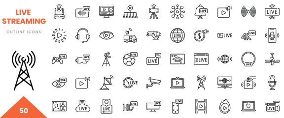 A collection of live streaming outline icons representing various media and broadcast concepts.