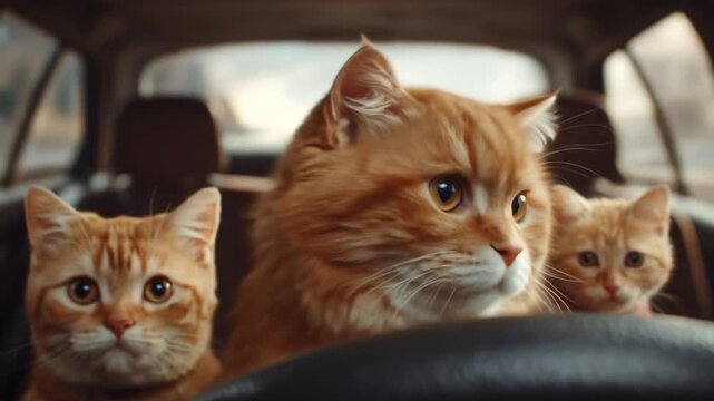 Three orange cats in a car, front-seat view behind the steering wheel, wide-eyed and curious. eager