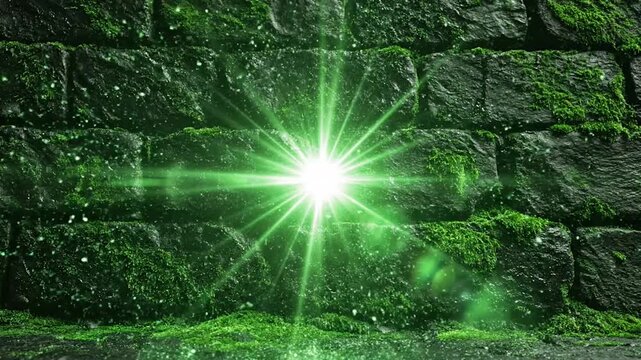 Emerald Green Starburst on Mossy Stone. Luminous Mystical Glow Animation. Abstract Nature Light Effect.