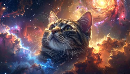 A feline looks up at an explosion of stars and nebula
