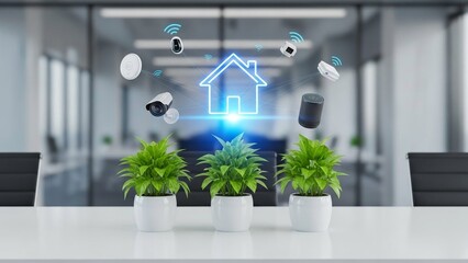 Stunning visualization of smart home security devices connecting wirelessly to a central hub over a modern office desk
