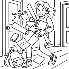 Overwhelmed and Flustered: A frazzled woman navigates a chaotic scene of dropped papers, a spilled mug, and a fallen bag, embodying the everyday stress and disarray of life.