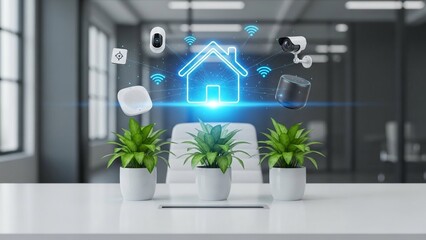 Stunning concept visualizing secure smart home automation systems connecting various IoT devices with glowing digital interface