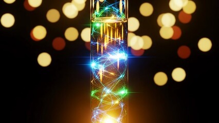 Stunning abstract concept of digital data flow and connectivity visualized within a vibrant glowing laboratory vial against bokeh lights