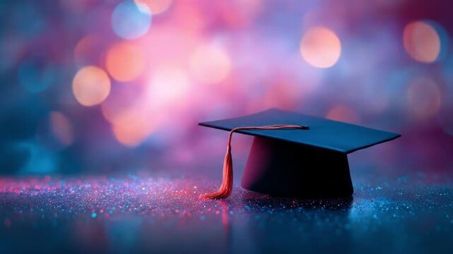 A graduation cap rests on a glittering surface with vivid bokeh lights and dreamlike hues soft dusk