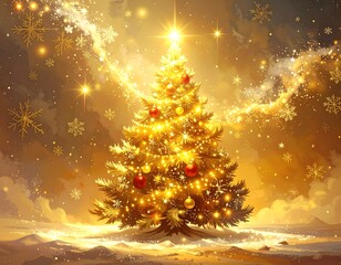 A radiant golden Christmas tree aglow with festive cheer