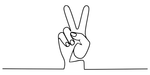 Peace sign hand gesture one line drawing isolated on continuous one line art of vector illustration