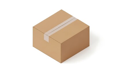 Isometric Cardboard Box with Transparent Tape on White Background.