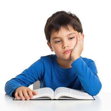 Bored child with hand on cheek reading a book with a tired expression isolated on transparent background