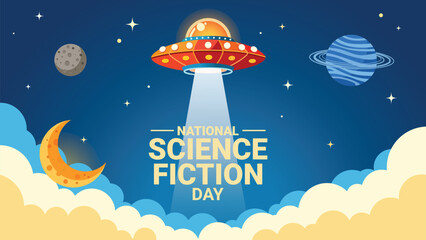 National Science Fiction Day vector illustration with colorful cartoon ufo spaceship and planets in the night sky