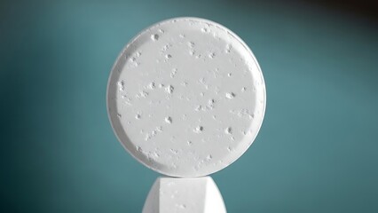 Close-up of a White Round Tablet with Small Pits on a Teal Background.