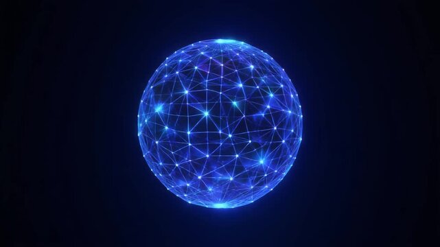 Neon Blue Holographic Wireframe Sphere Rotating in 3D Space Loop