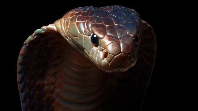 Closeup of an iridescent cobra head hood half-expanded, glossy, scales piercing eyes, dark backdrop