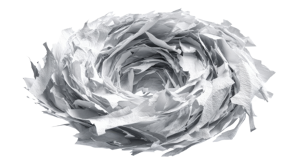 Torn paper fragments forming a swirling vortex, symbolizing chaos, destruction, and a hurricane structure. Transparent background