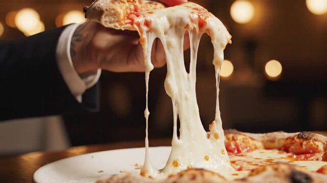 pizza slice being bitten, with the person&rsquo;s face cropped out so only the hand and pizza enter frame. Long stretchy mozzarella cheese pull emphasized.