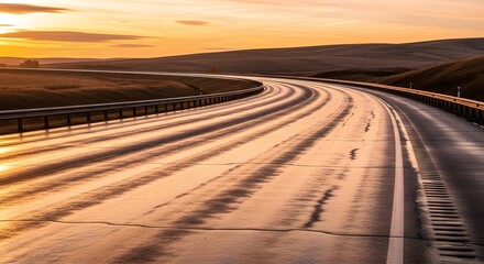 Fototapeta premium Curved asphalt highway reflecting the warm golden light of a serene sunset or sunrise, leading into a peaceful, expansive landscape vista