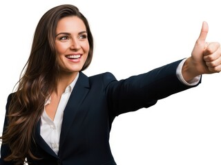 Fototapeta premium Smiling businesswoman in dark suit giving a thumbs up gesture with outstretched arm, isolated on white background